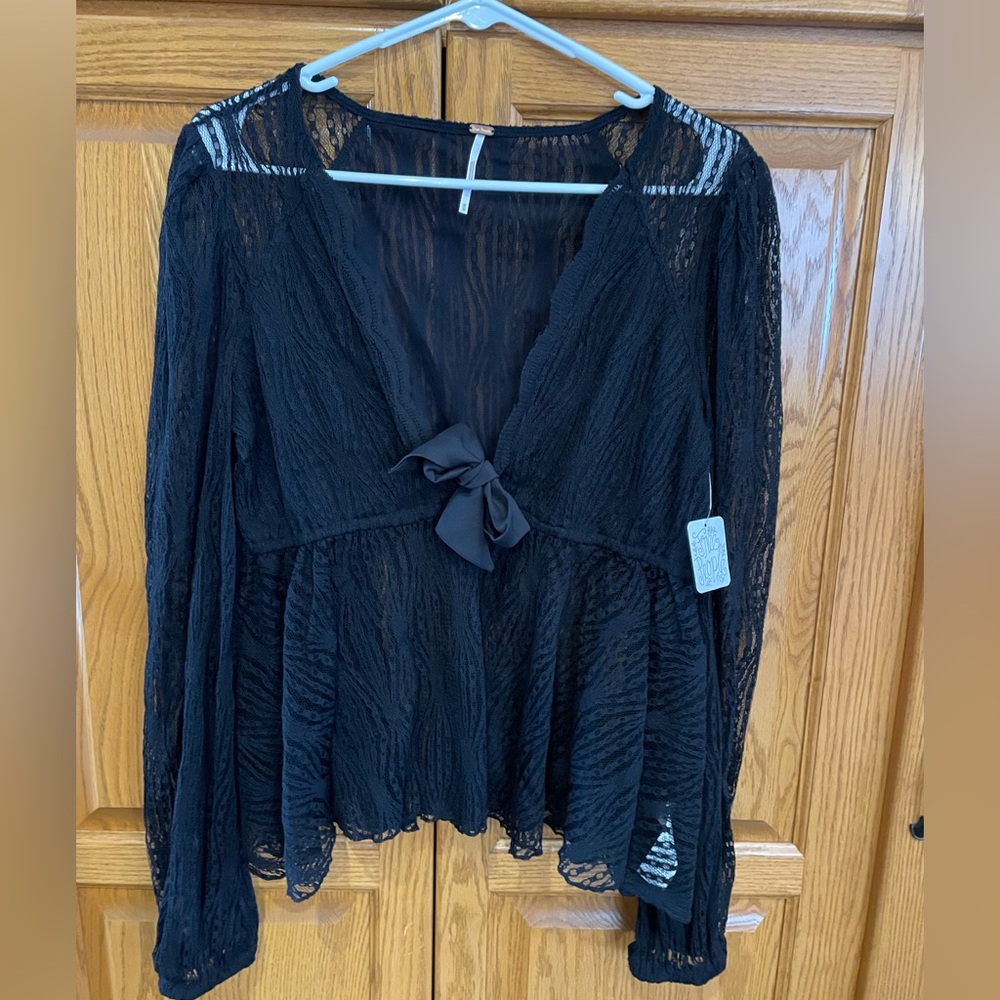 Free People Black Sheer Lace Blouse